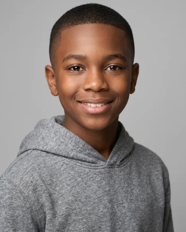 Young actor headshot of a smiling boy in a grey hoodie on a light grey backdrop