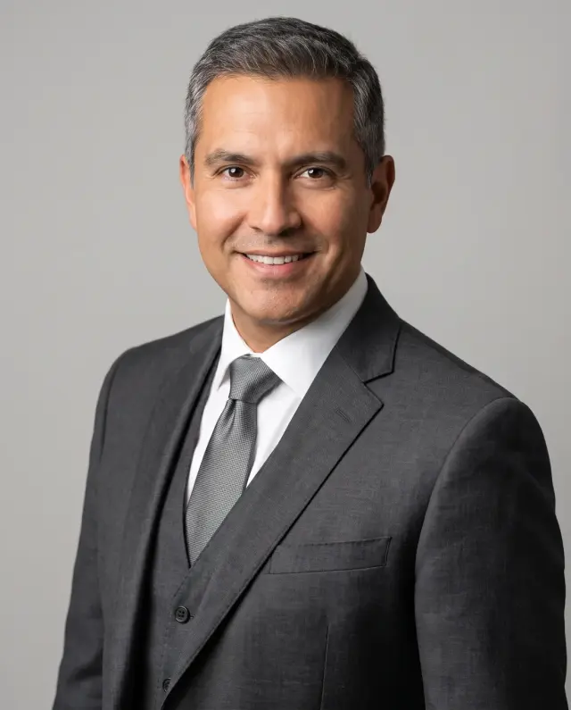 Corporate headshot of a grey-haired man in a charcoal three-piece suit and grey tie on a light grey backdrop