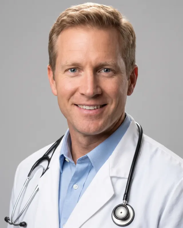 Professional headshot of a man in a white doctor's coat with a stethoscope on a grey backdrop