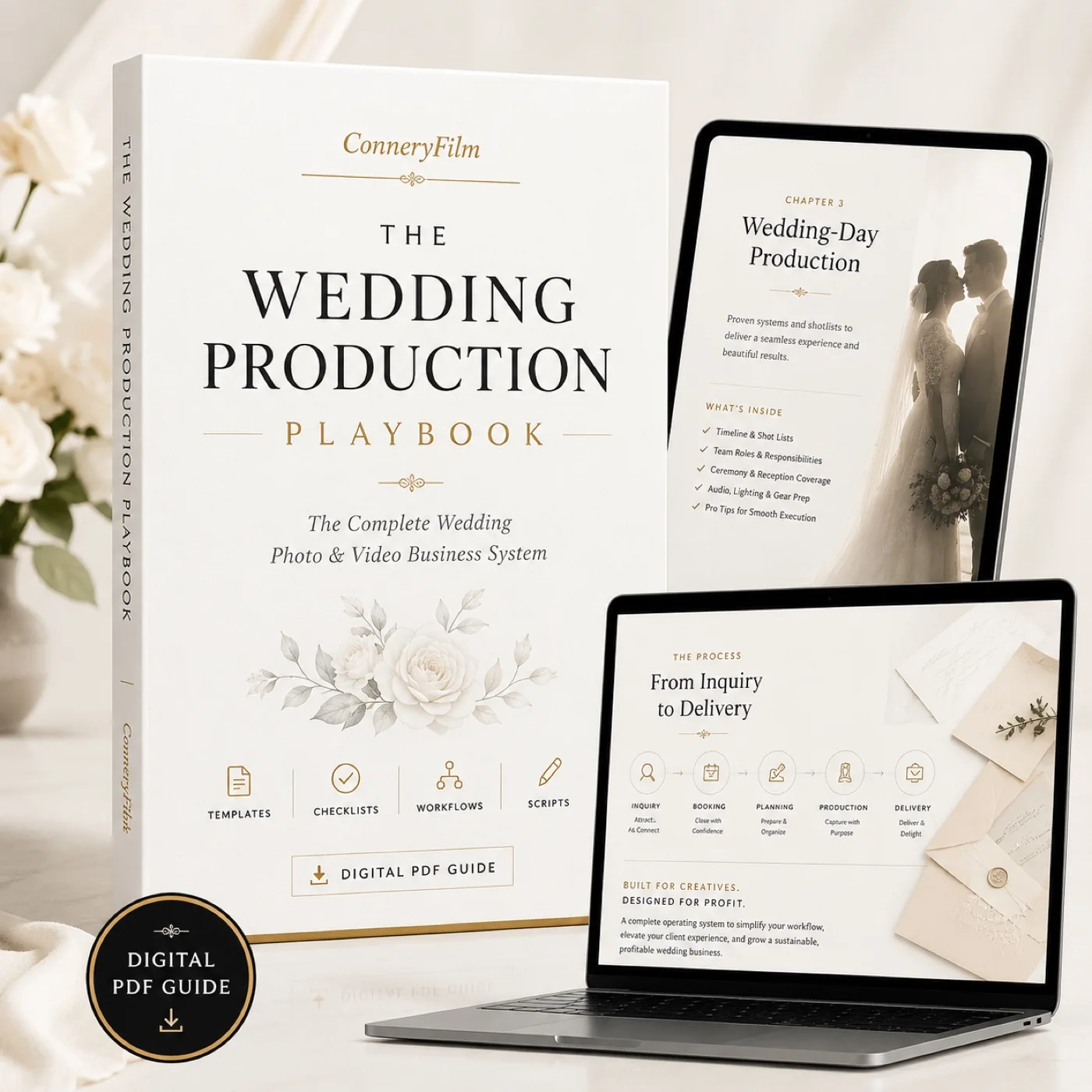 The Wedding Production Playbook by ConneryFilm — digital PDF guide shown on print, book and laptop
