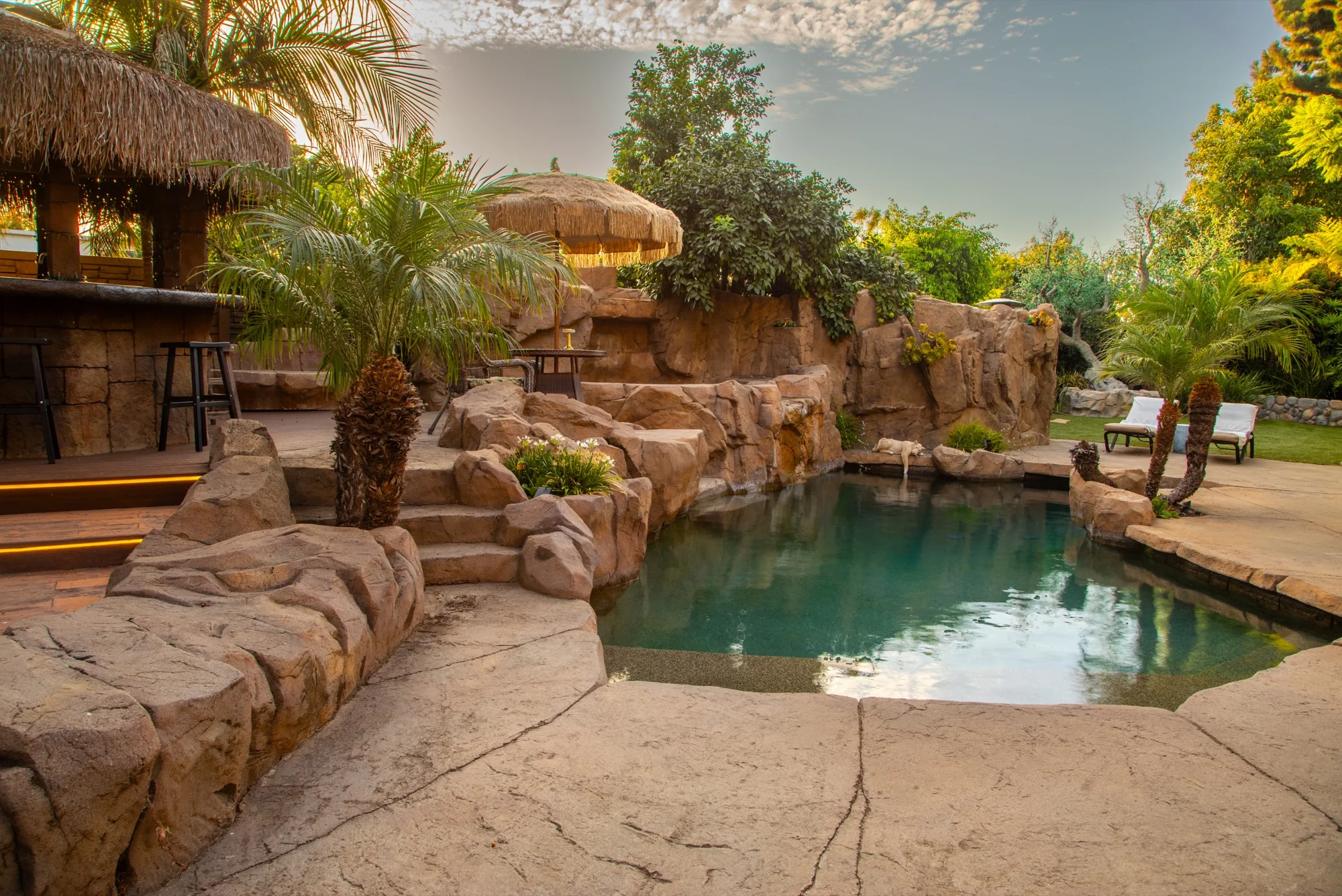The rock waterfalls above the grotto pool at The Enchanted Manor