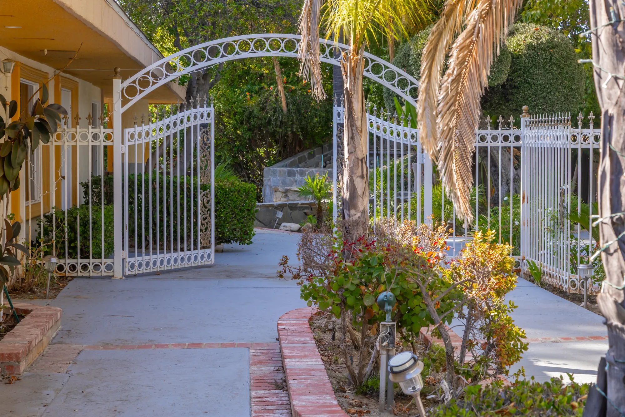The arched white iron gate beside a palm at the entrance to the garden at Kelly's Wedding Garden