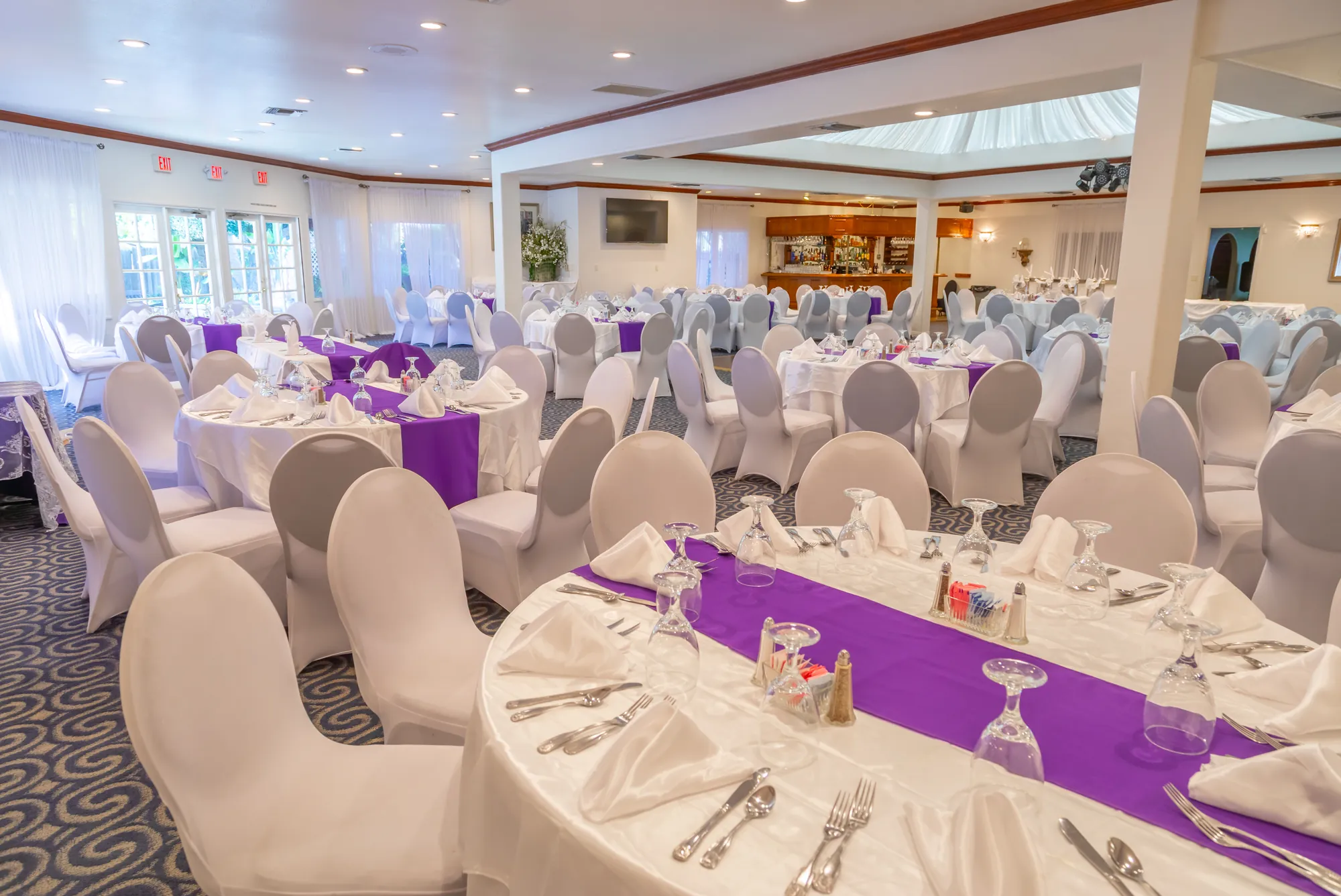 The full depth of the banquet room from a corner table at Kelly's Wedding Garden