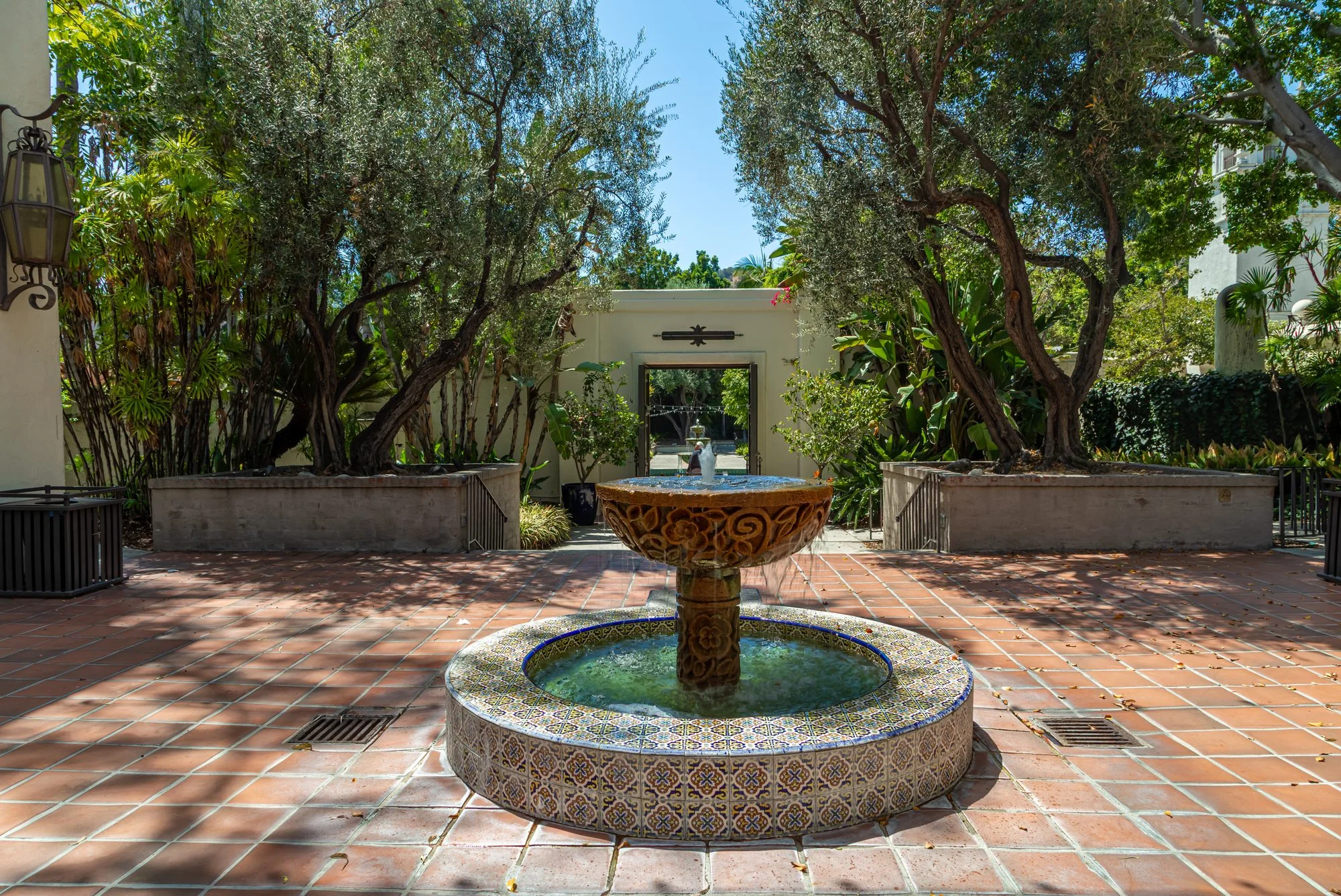 The tiled fountain in the courtyard at the LA River Center