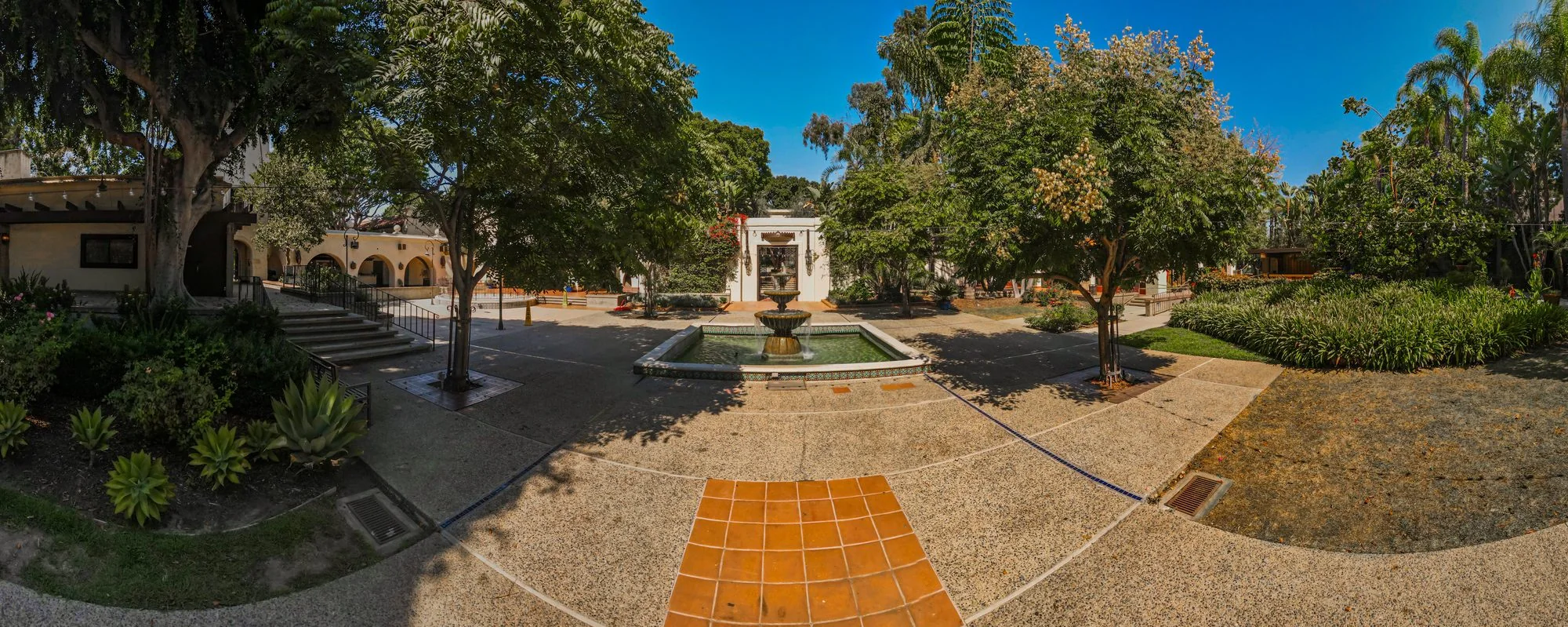 The path through the gardens toward the fountain at the LA River Center