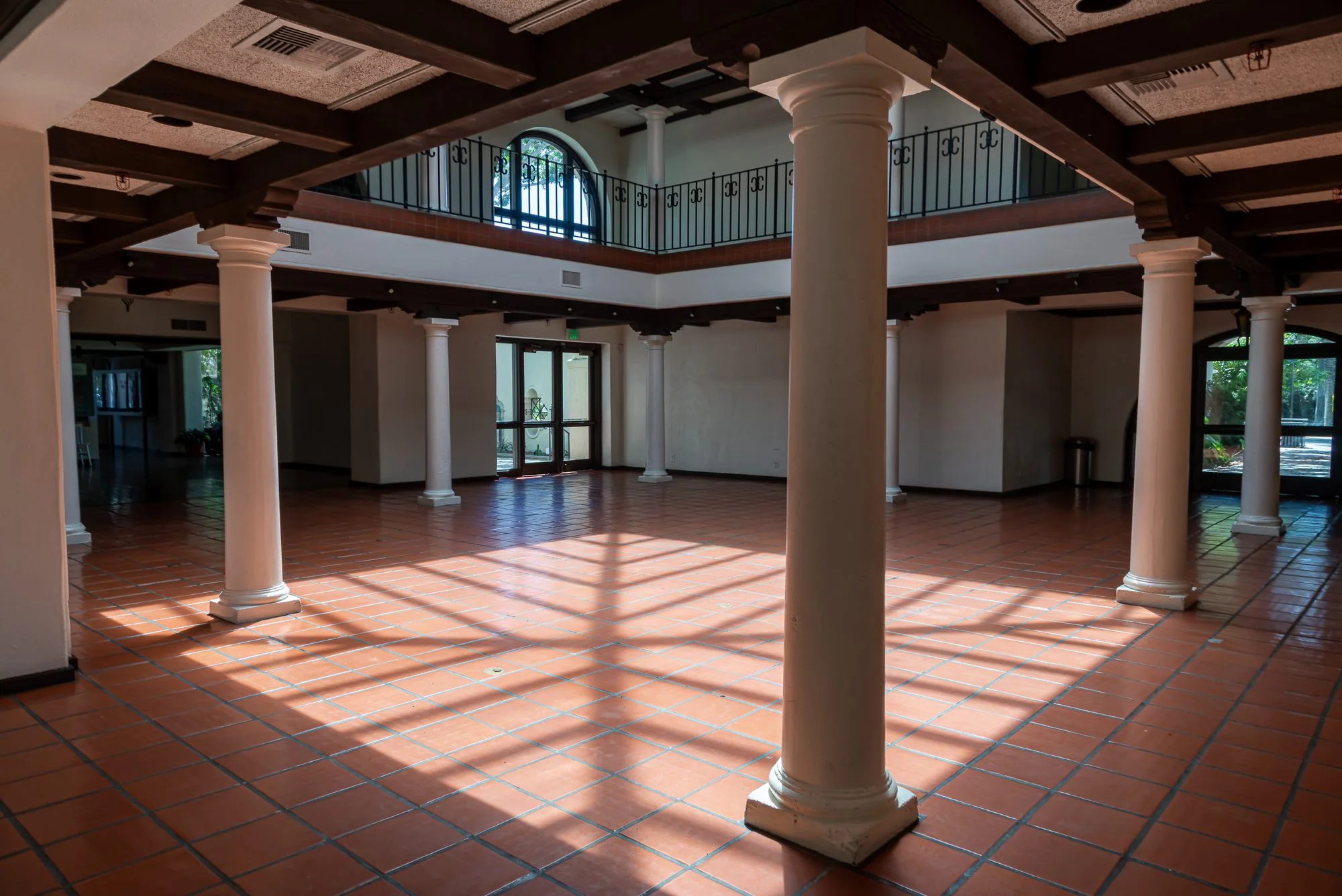 The columned hall and its beamed ceiling at the LA River Center