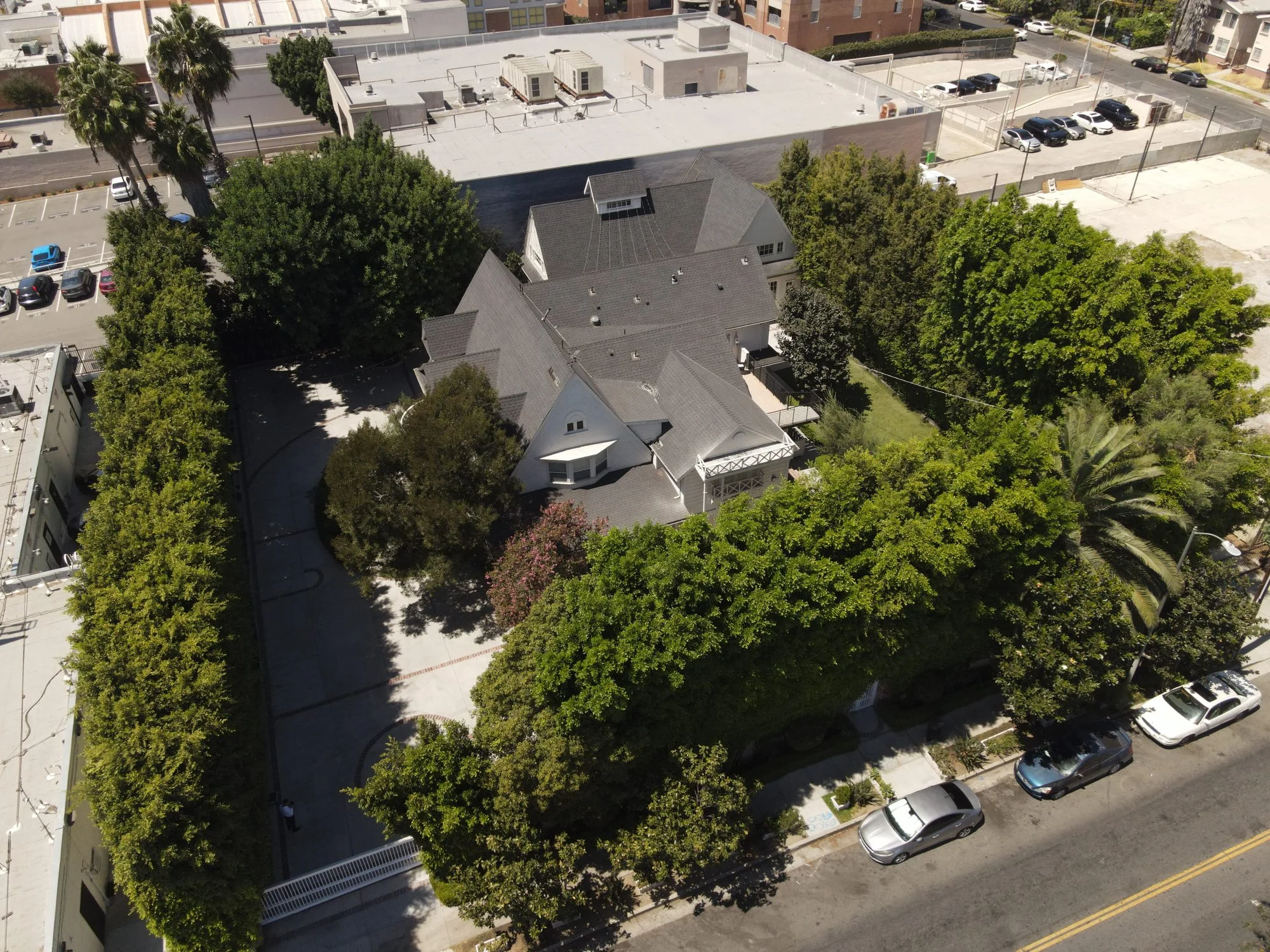 Lombardi House, the barn and the gardens looking straight down
