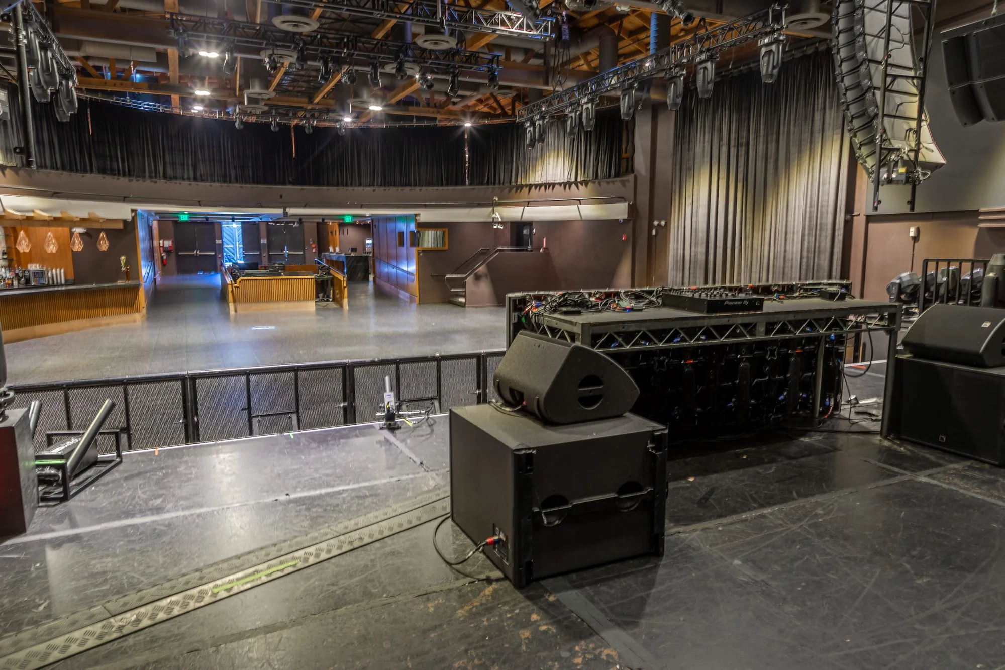The edge of the stage at The Vermont Hollywood with monitors in place