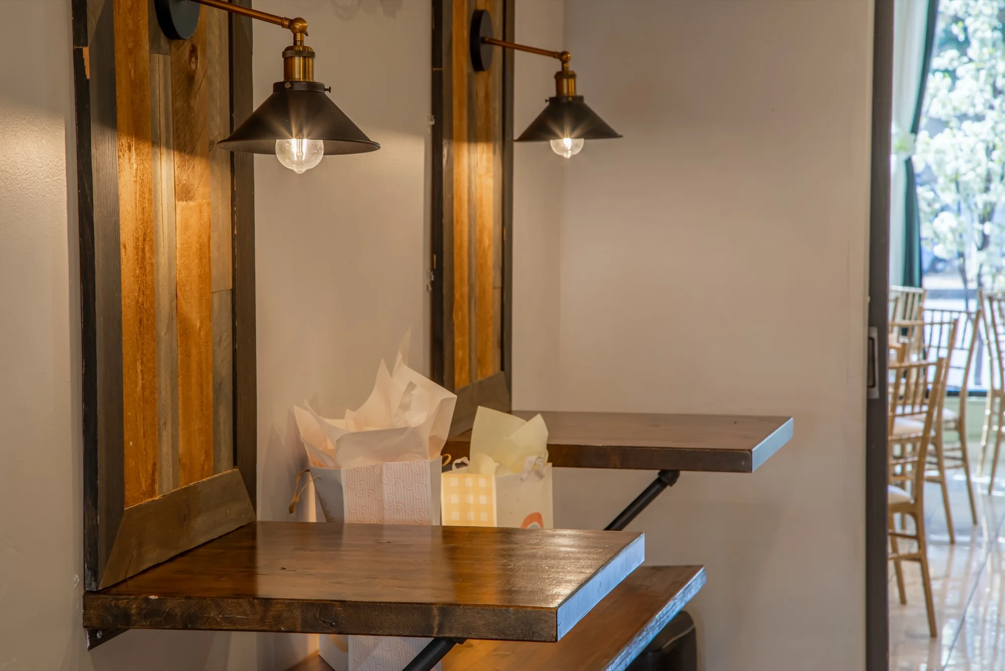 The bar ledge and lamps at Violet Cactus Studio